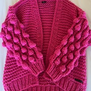 Chunky Bubble-Sleeve Open Cardigan - Hot Pink